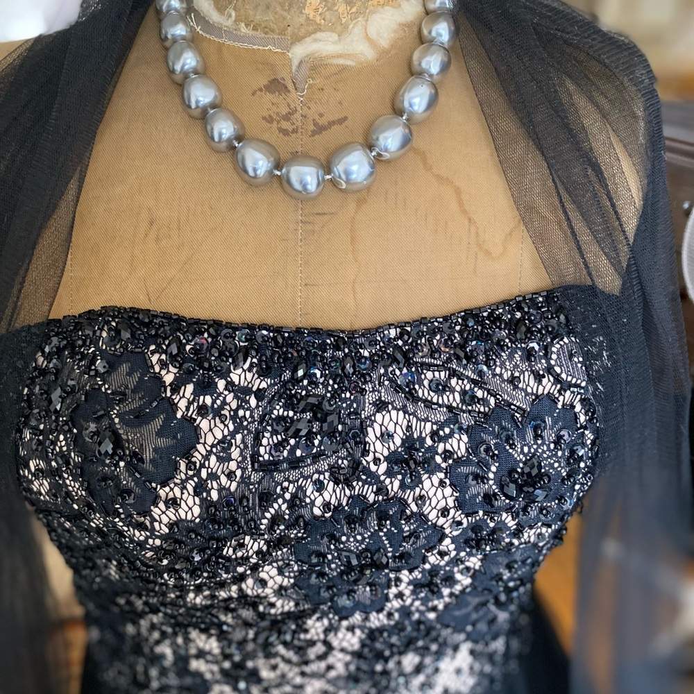 Witchy Goth Black Strapless Beaded Lace Tulle Bridal Gown - Picture 2 of 15